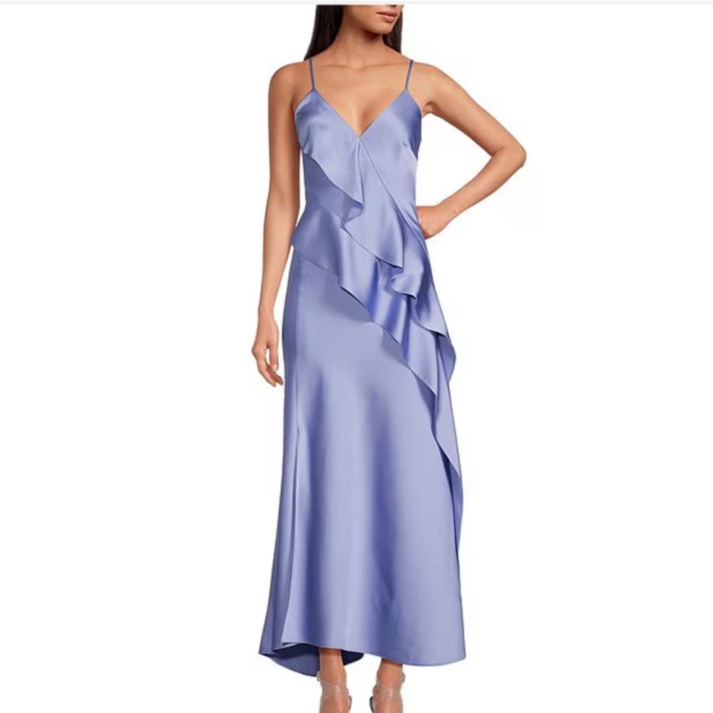 Gianni Bini Quinn Ruffle Draped V Neck Satin Dress